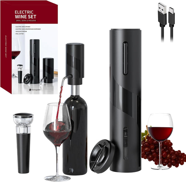 COKUNST Electric Wine Opener Set, USB Rechargeable Bottle Opener and Wine Decanter & Wine Aerator and Pourer, Wine Stopper, Foil Cutter 4-in-1 Gift Set for Wine Lovers Home Kitchen Party Wedding Bar