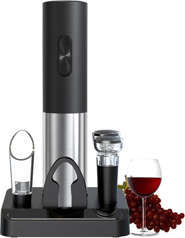 COKUNST Electric Wine Opener Set with Stand, Battery Operated Corkscrews Wine Bottle Openers with Foil Cutter, Wine Pourer, Vacuum Stoppers, Automatic Wine Opener Stainless Steel for Kitchen Party