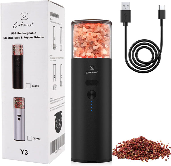 COKUNST Electric Salt or Pepper Grinder, Battery Operated Gravity Sensing Grinder with Light and Switch Button, Automatic Pepper Mill with One Hand Operation Refillable for Kitchen Resturant BBQ