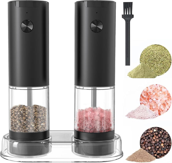 Electric Salt and Pepper Grinder Set, COKUNST Battery Powered Pepper Mills with 3.2oz Large Capacity, Automatic Salt & Pepper Mill Sets with Base, LED Light & Adjustable Coarseness Black (Set of 2)