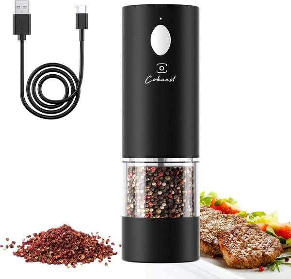 Electric Pepper or Salt Grinder, COKUNST USB Rechargeable Automatic Pepper Grinder with Visual Silo & LED Light, Black Pepper Grinder Mill Refillable Washable, One Hand Operated, Fits in Home Kitchen