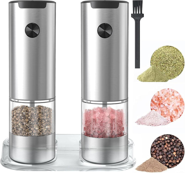 Electric Salt and Pepper Grinder Set, COKUNST Automatic Stainless Steel Salt & Pepper Mill Sets with Base & LED Light, Battery Powered, 2 Pcs Adjustable Coarsenes Pepper Shakers for Home Kitchen BBQ