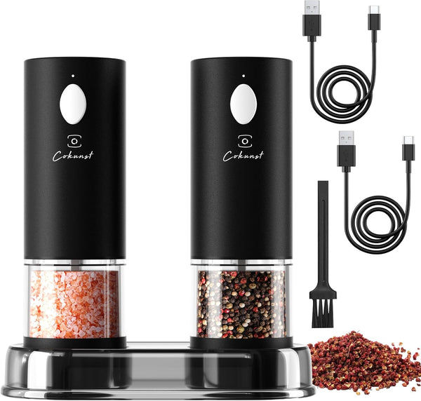 Electric Pepper and Salt Grinder Set, COKUNST USB Rechargeable Automatic Pepper Grinder with Visual Washable Silo & LED Light, Black Salt & Pepper Grinder Refillable, One-Handed Operation, 2 Packs