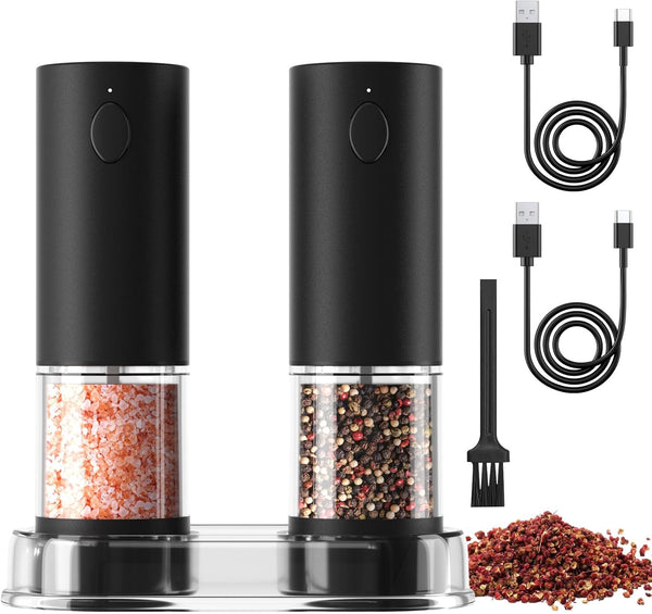 COKUNST Electric Pepper and Salt Grinder Set, USB Rechargeable Adjustable 5 Levels of Coarseness Black Pepper Mills with Stand, Automatic Grinder with LED Light for BBQ Resturant Kitchen