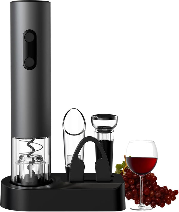 COKUNST Electric Wine Opener, 4-in-1 Wine Bottle Opener Set with Base, Cordless Automatic Battery Operated Corkscrew with Foil Cutter, Wine Pour, Vacuum Stoppers, Gift for Home Party, Staninless Steel