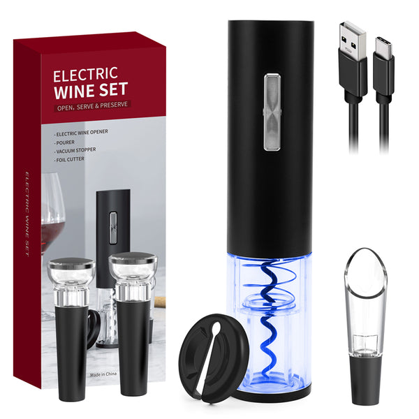 COKUNST Electric Wine Opener Set Gifts, Type-C Rechargeable Wine Bottle Opener Automatic Wine Corkscrew with Foil Cutter, Wine Pourer,2 Vacuum Preservation Stoppers, 5-in-1 Kitchen Appliances
